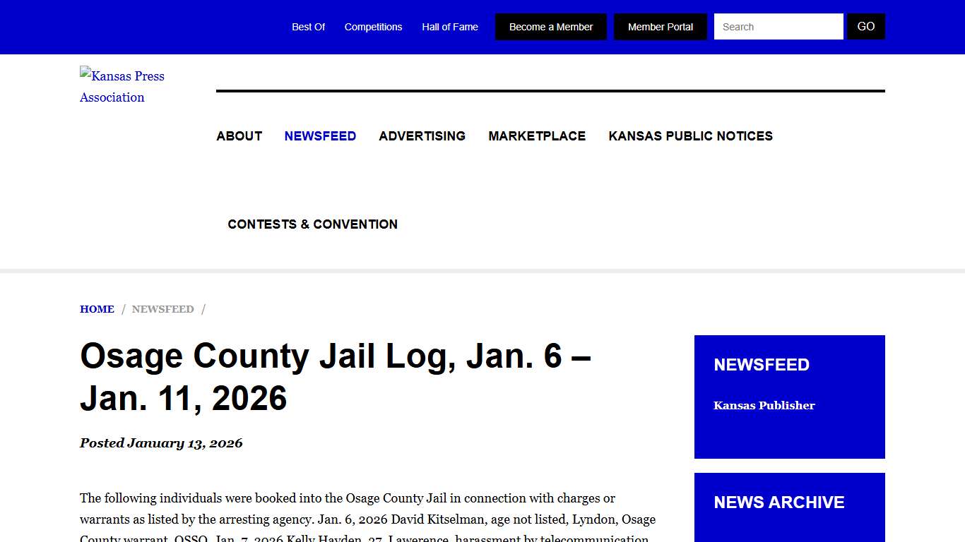 Osage County Jail Log, Jan. 6 – Jan. 11, 2026 Kansas Press Association